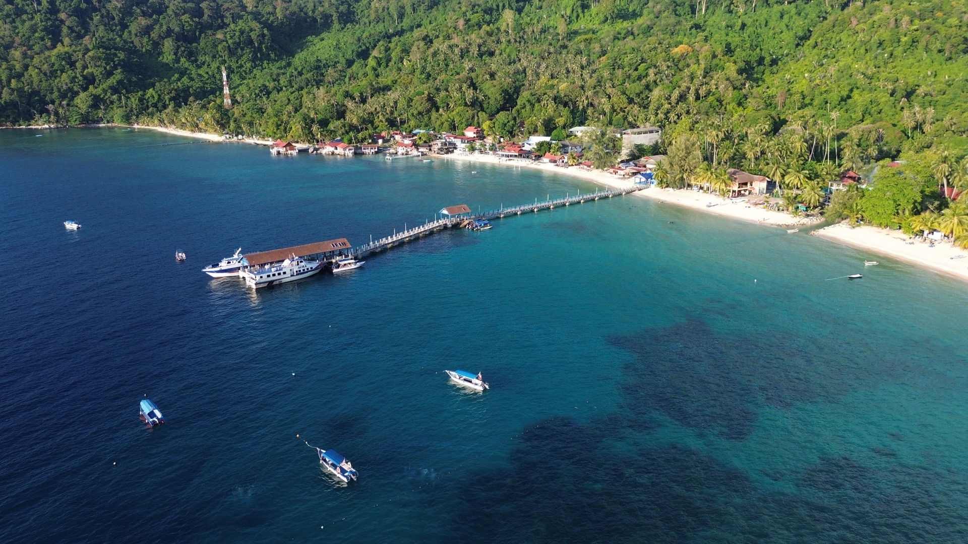Aerial view of Salang Bay, Tioman Island, showing the village jetty, white sand beach and forested headlands