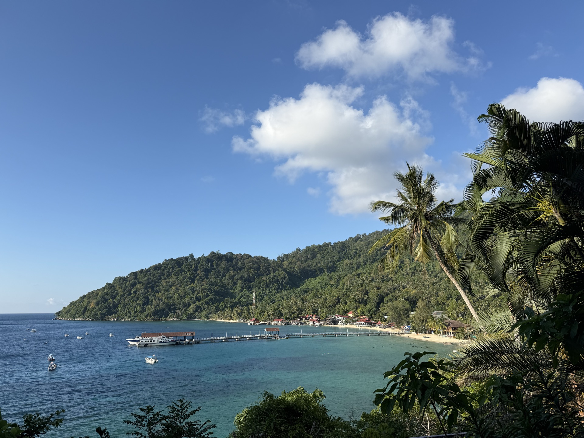 Hillside view of Salang Village on Tioman Island showing chalets, the bay and surrounding rainforest