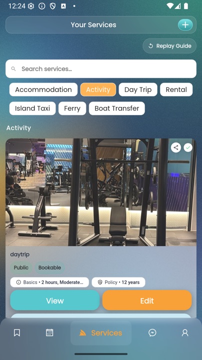 Dipsea vendor app — Services list filtered to Activity showing a listing with View and Edit buttons