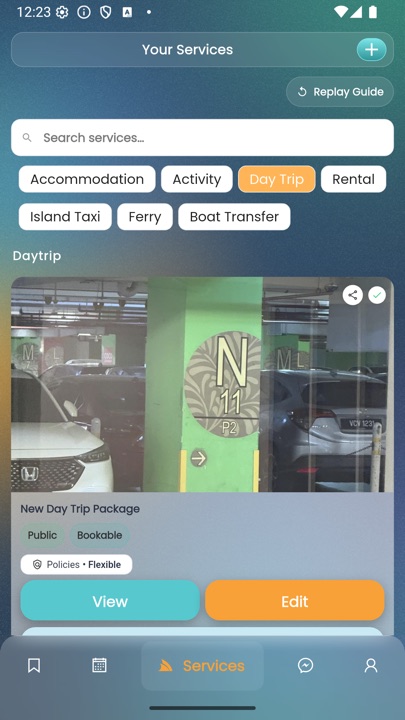 Dipsea vendor app — Services list filtered to Day Trip showing a listing with Flexible cancellation policy