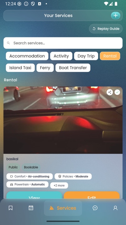 Dipsea vendor app — Services list filtered to Rental showing a vehicle listing with amenities and policies