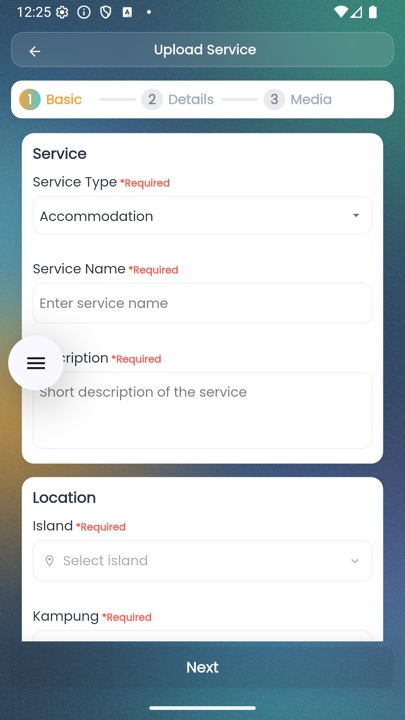 Dipsea vendor app — Upload Service Basic step showing Service Type, Service Name, and Description fields
