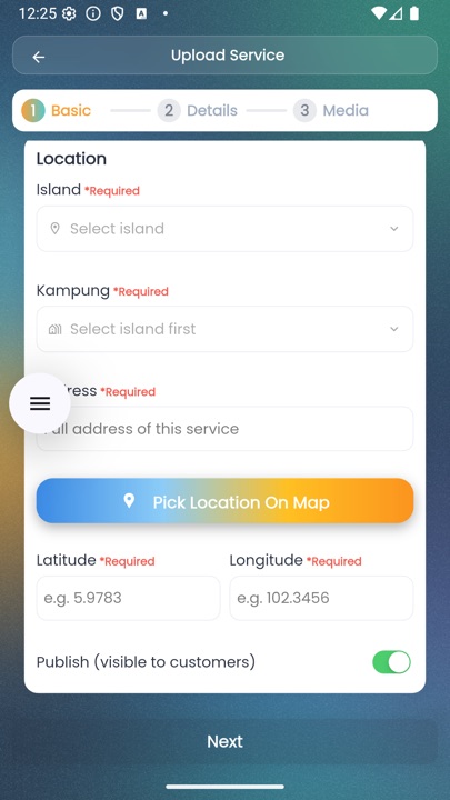 Dipsea vendor app — Location fields showing Island, Kampung, Address, and Pick Location On Map button