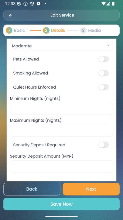 Dipsea vendor app — Policies section showing Moderate cancellation, Pets Allowed, Smoking, Quiet Hours, and Min/Max nights