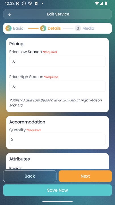Dipsea vendor app — Pricing fields showing Price Low Season and Price High Season with Quantity field below
