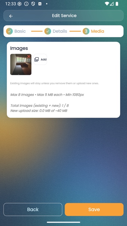Dipsea vendor app — Media step showing image upload with caption Max 8 images, Max 5 MB each, Min 1080px